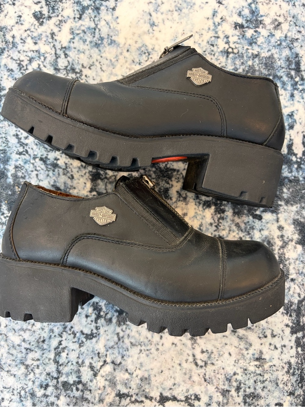 Harley-Davidson Black Leather Moto Lug Sole Loafer Platform Shoes 7.5